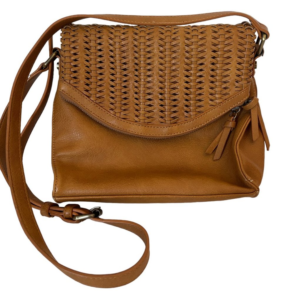 Sasha & Sofi Tan Crossbody Purse Adjustable Strap Weaved Foldover Flap